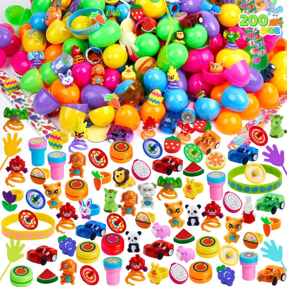 Ovos de Páscoa pré-preenchidos JOYIN, 200 unidades com brinquedos variados e adesivos