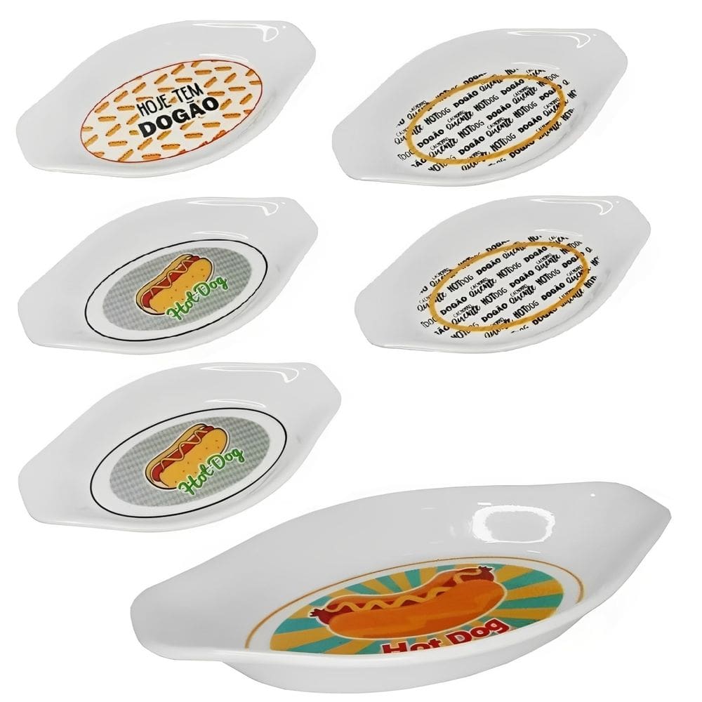 Kit 6 Pratos Em Melamina Para Cachorro Quente Hot Dog 21cm