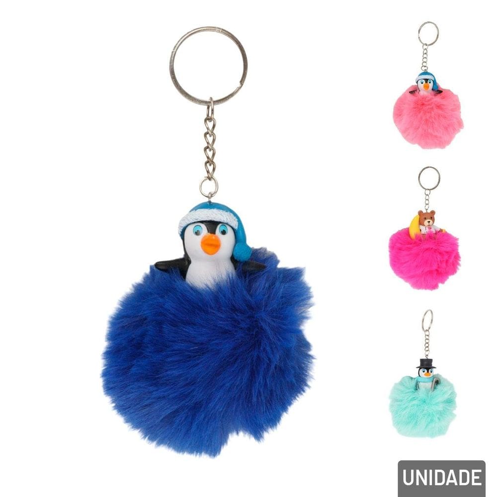 Chaveiro de Pelúcia 10cm Animais e Pompom diversos - Tudo em Caixa