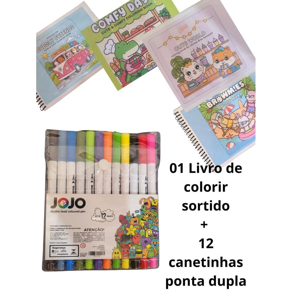 01 Livro de Colorir + Canetinhas ponta dupla Bobi guds 50 Folhas Caderno de Desenho Pintura Coloring Book Ursinho Bobi