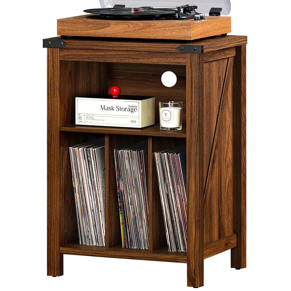 Suporte para toca-discos Joaxswe Rustic Brown com armazenamento em vinil