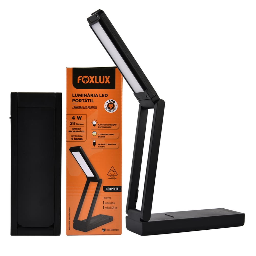 Luminária LED Portátil 4W Preto Foxlux