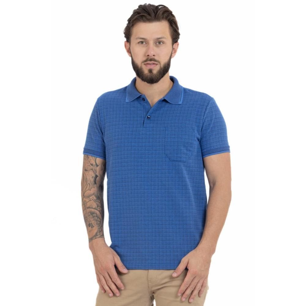 Camisa Polo Masculina Xadrez Bolso Algodão