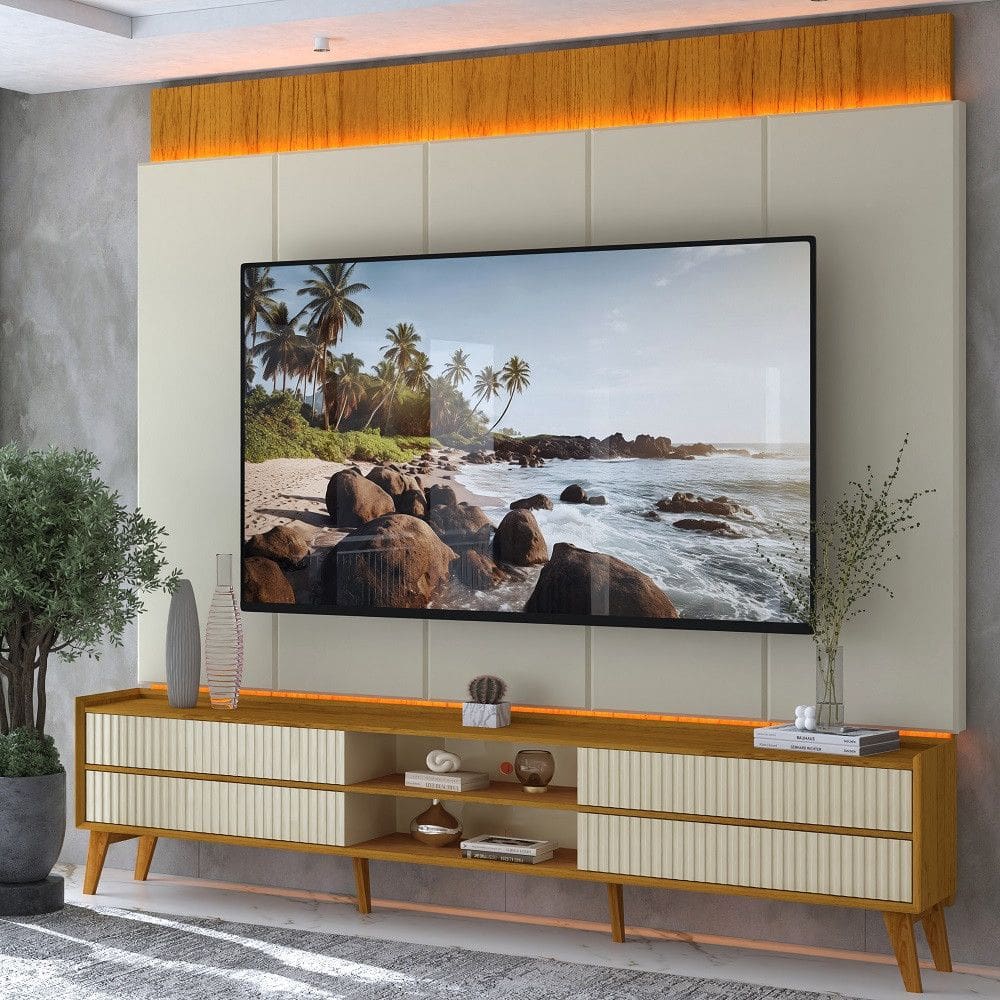 RRack com Painel para TV até 75 Polegadas com LED 4 Gavetas MDF Ripado com Pés em Madeira Magnífico Gelius