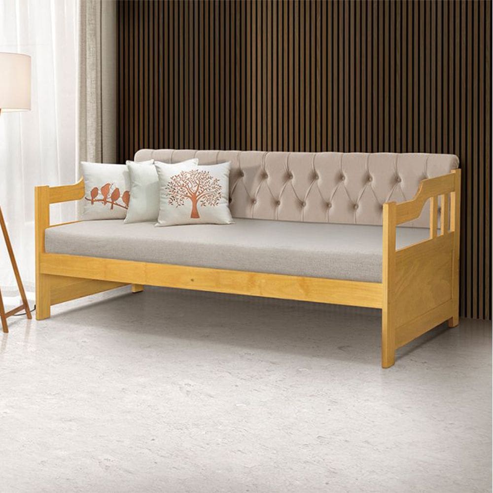 Sofá Cama Dublin Mona Estofado Capitonê Veludo Bege Madeira - Imbuia