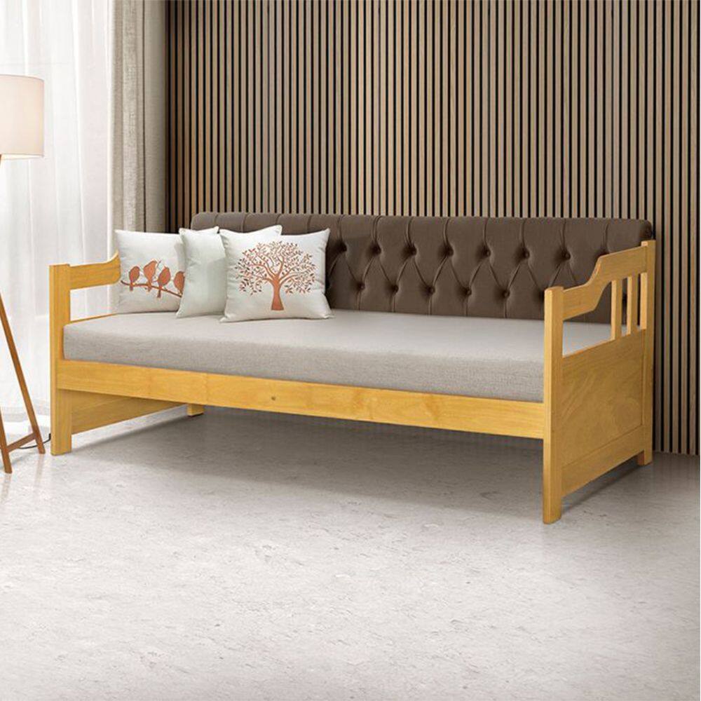 Sofá Cama Dublin Mona Estofado Capitonê Veludo Marrom Madeira - Imbuia