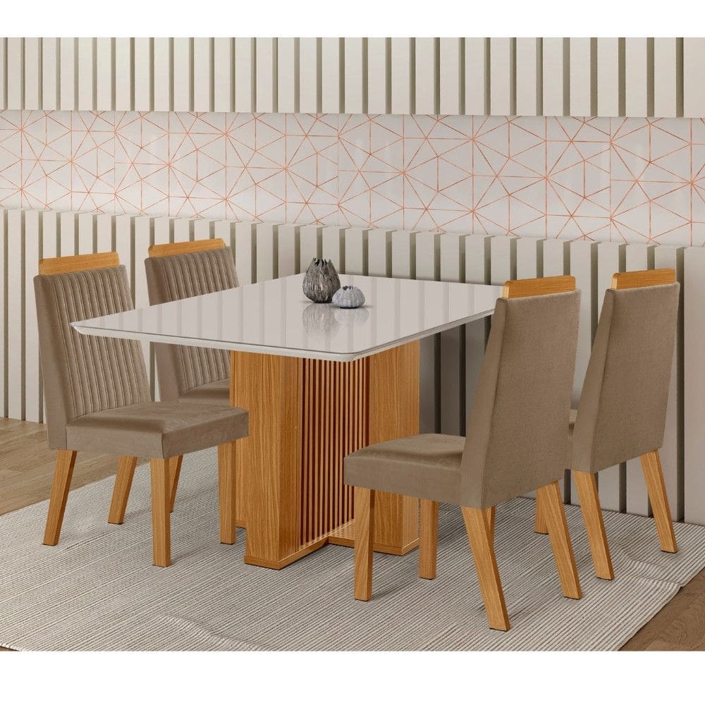 Conjunto Sala de Jantar Mesa Lisboa com Tampo de Vidro 120cm e 4 Cadeiras em MDF Riviera LJ Móveis