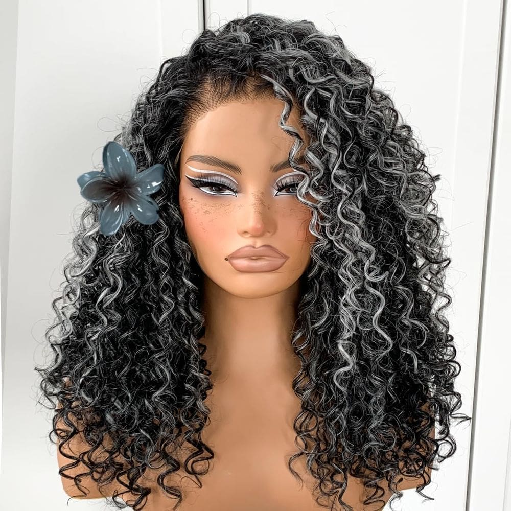 Peruca MITIMES Grey Highlight Curly Synthetic HD Lace Afro