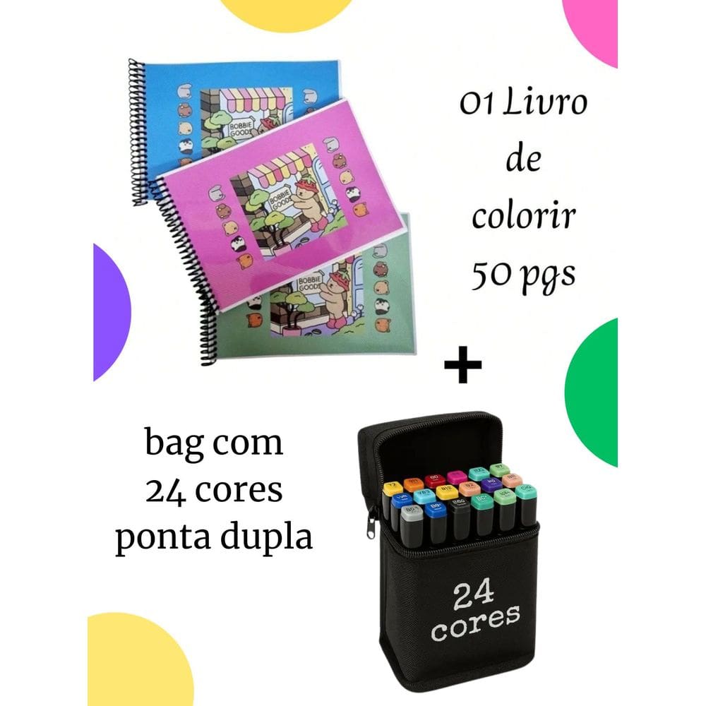 24 Canetinha com Livro de colorir bob gudi canetinhas ponta dupla para pintar livro bobi papelaria fofa kawai livro famo