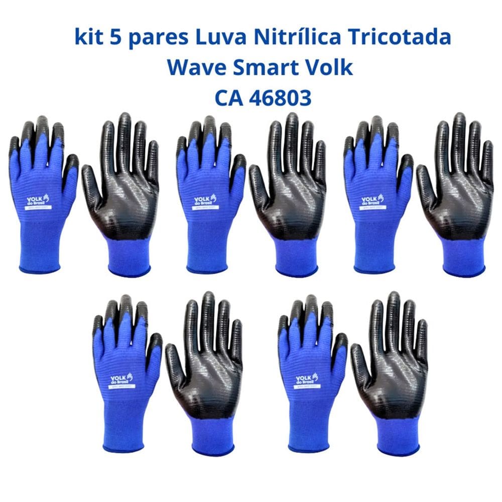 Kit 5 Luva Nitrílica Tricotada Wave Smart Volk CA 46803