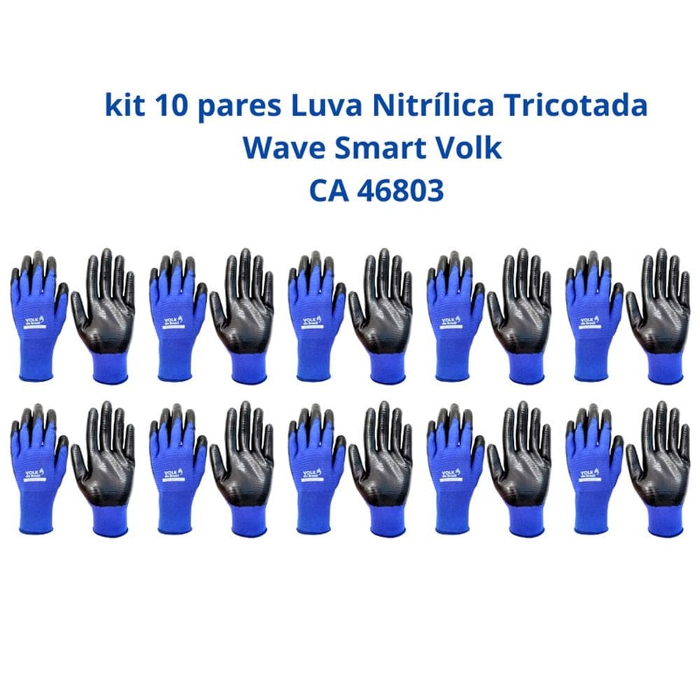 Kit 10 Luva Nitrílica Tricotada Wave Smart Volk CA 46803