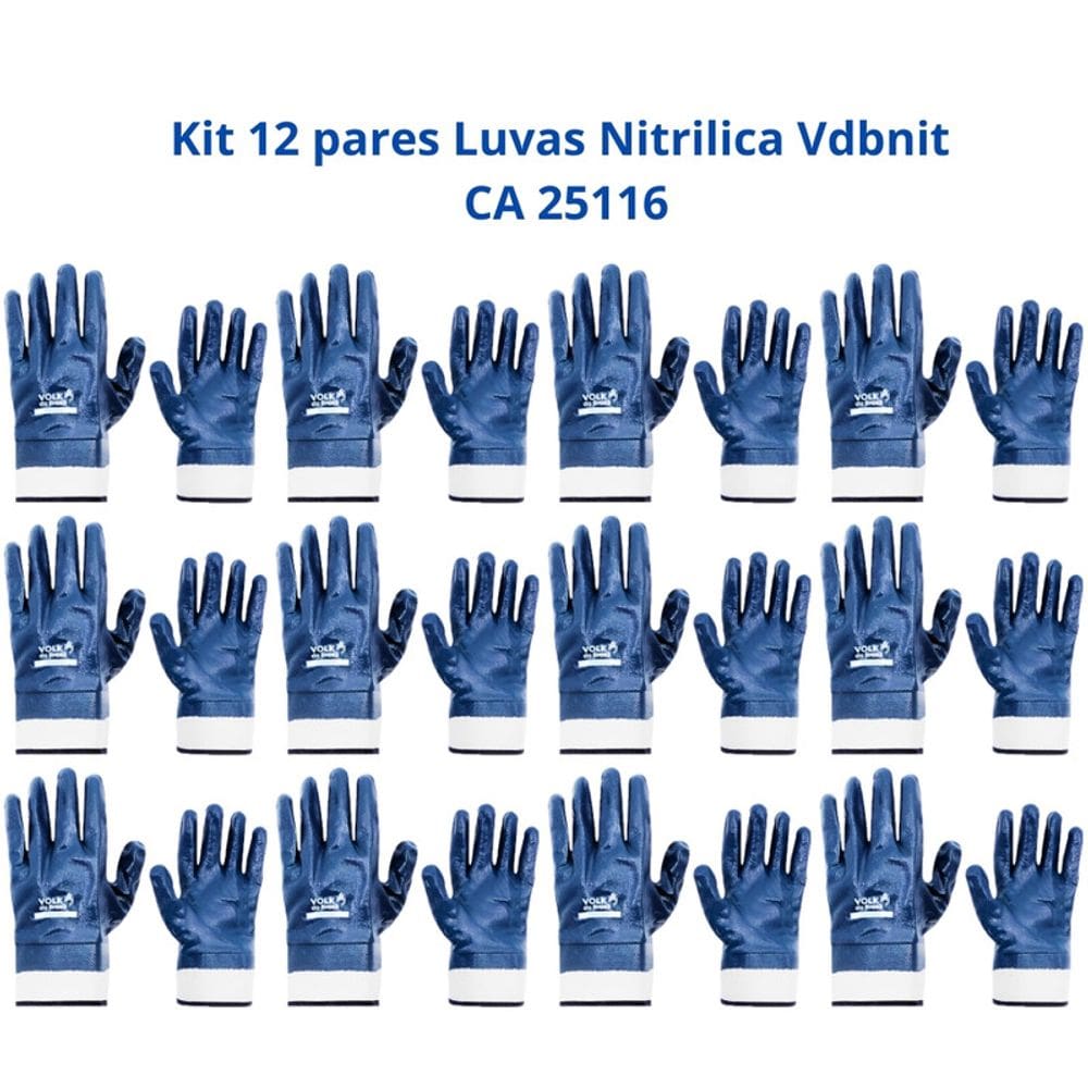 Kit 12 Luvas Proteção Nitrílica Punho Lona Produtos Químicos VDBNIT Volk CA 25116