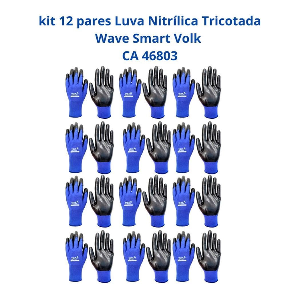 Kit 12 Luvas Nitrílica Tricotada Wave Smart Volk CA 46803