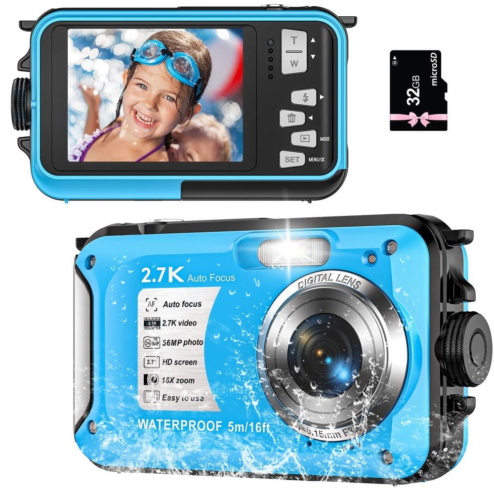 Câmera subaquática Yifecial 2.7K 56MP Impermeável 32GB Cartão Azul