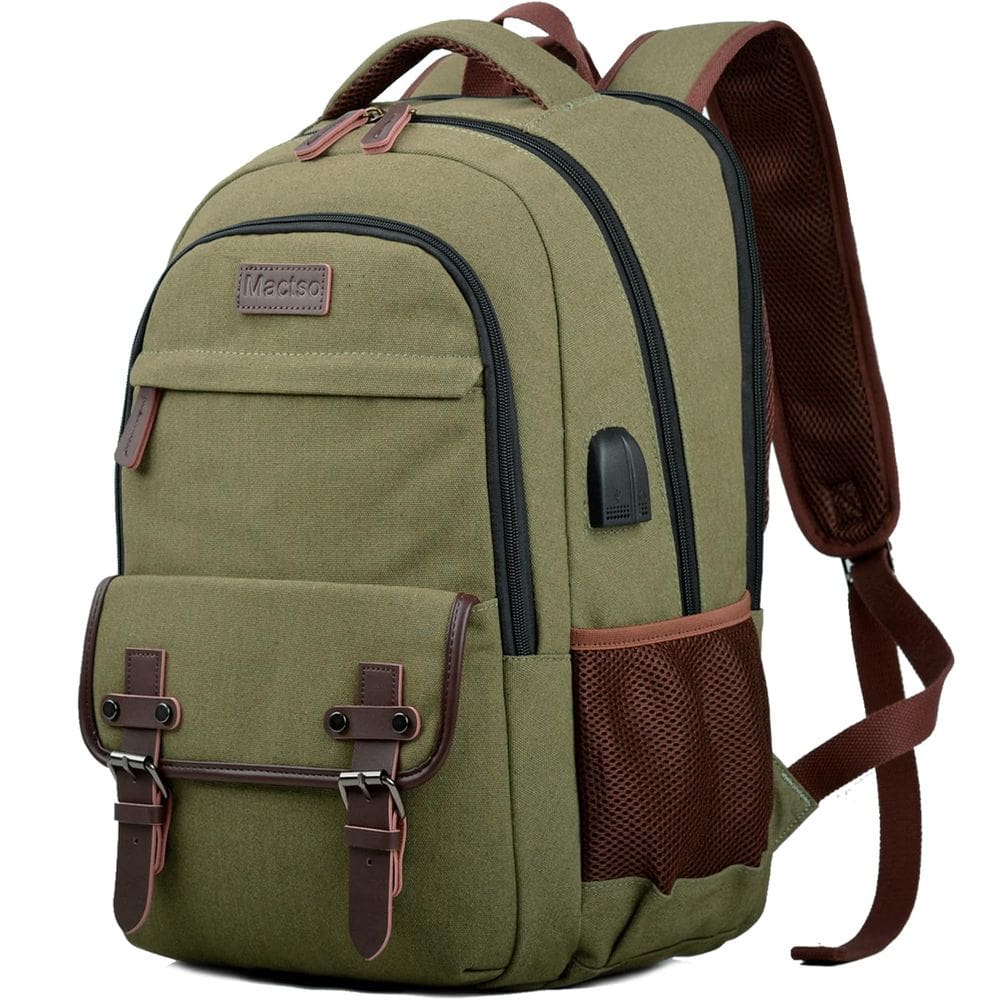 Mochila Mactso Canvas Travel Laptop, porta de carregamento USB de 15,6"