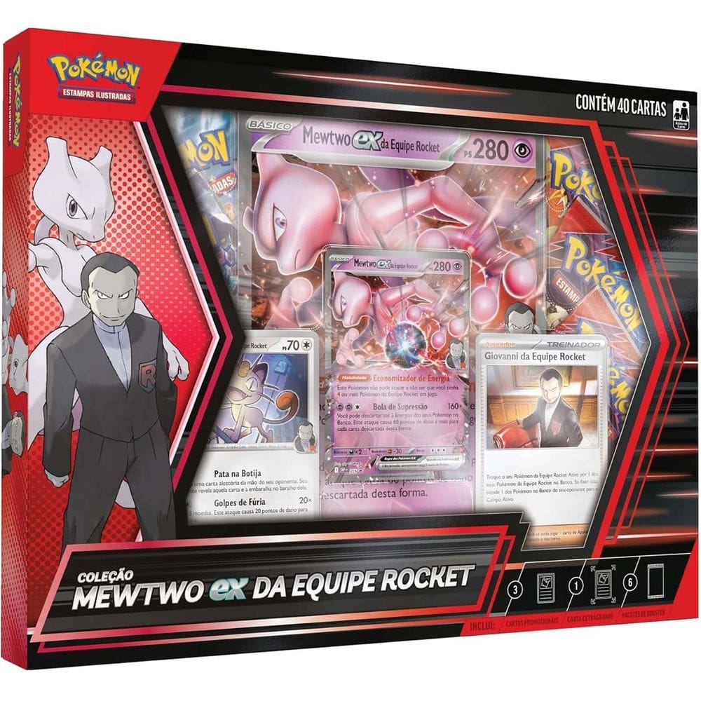 Box Pokemon Coleção Mewtwo Ex da Equipe Rocket 40 Cartas Copag TCG