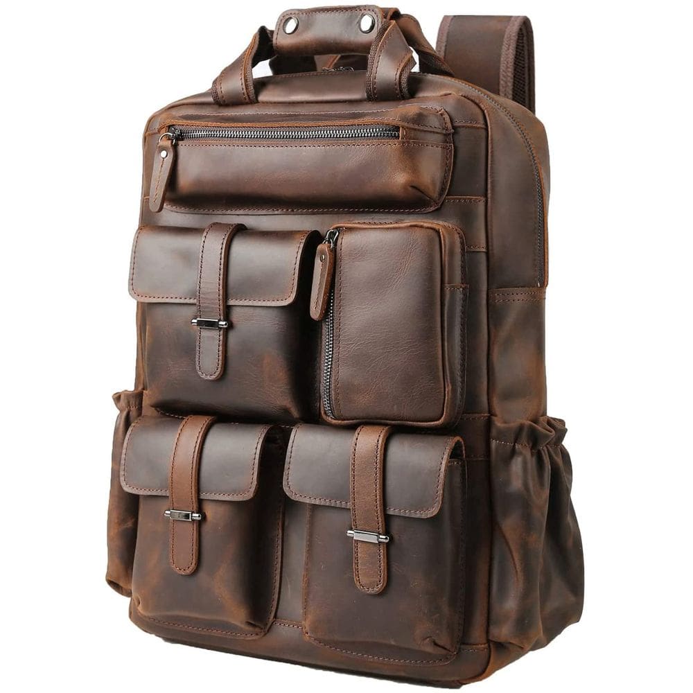 Mochila Masa Kawa de couro para homens vintage de 15,6" para laptop marrom