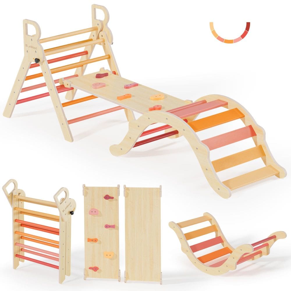 Brinquedo de escalada BlueWood Pikler Triangle Set 7 em 1 com arco e rampa