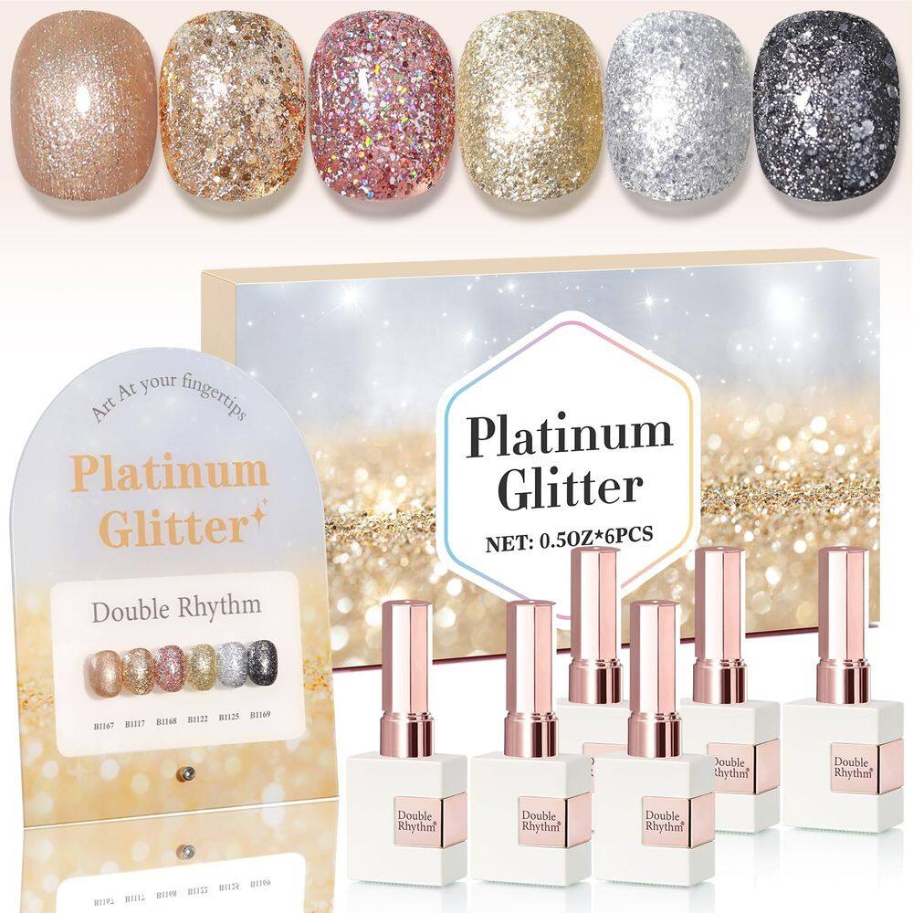 Conjunto de esmaltes Glitter Gel Double Rhythm 15 mL x 6 com placa de exibição