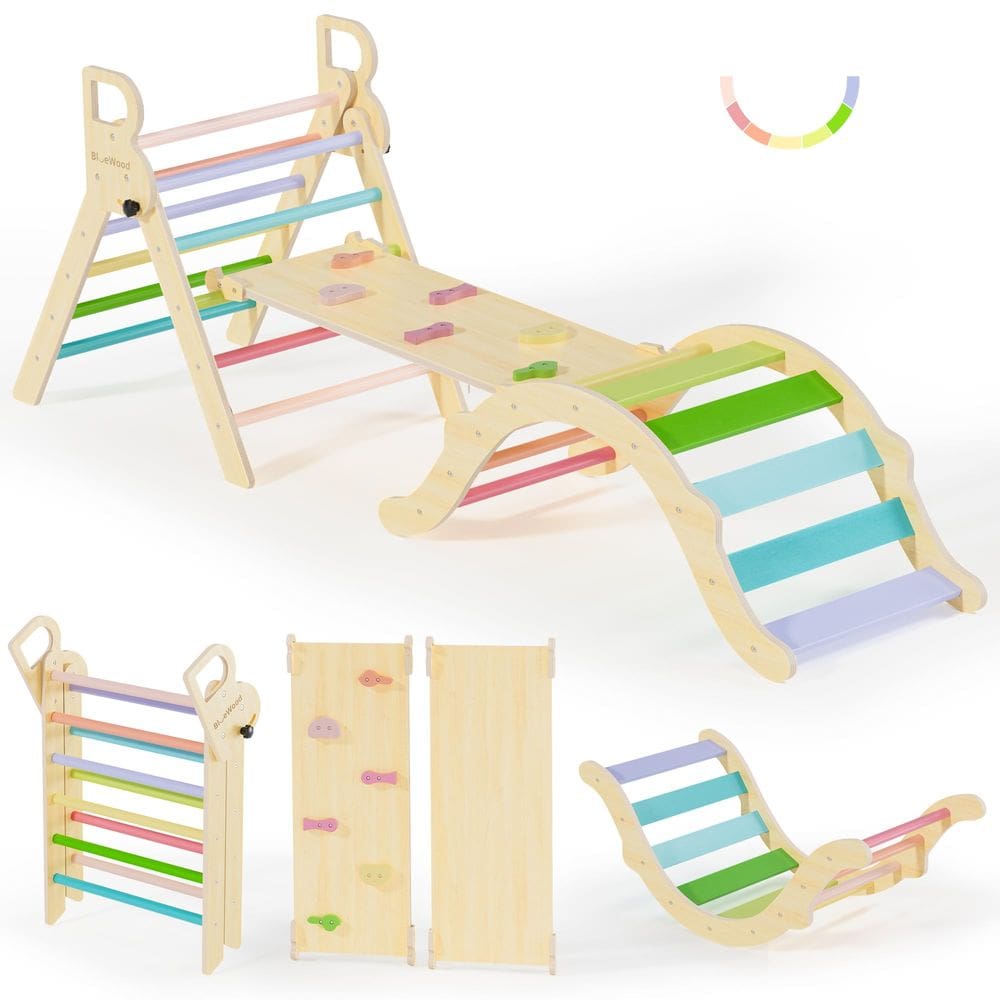 Brinquedo de escalada BlueWood Pikler Triangle Set 7 em 1 com arco e rampa