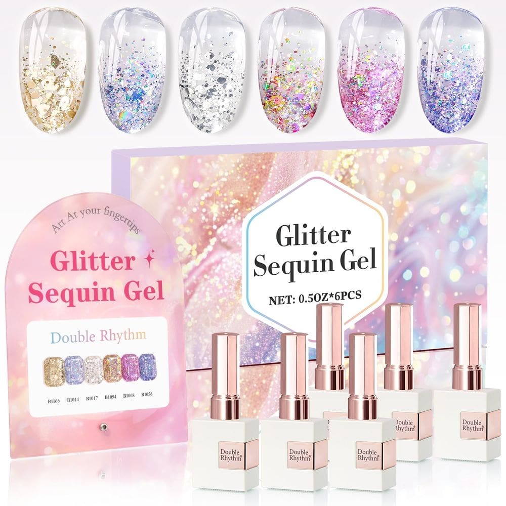 Conjunto de esmaltes Glitter Gel Double Rhythm 15 mL x 6 com placa de exibição