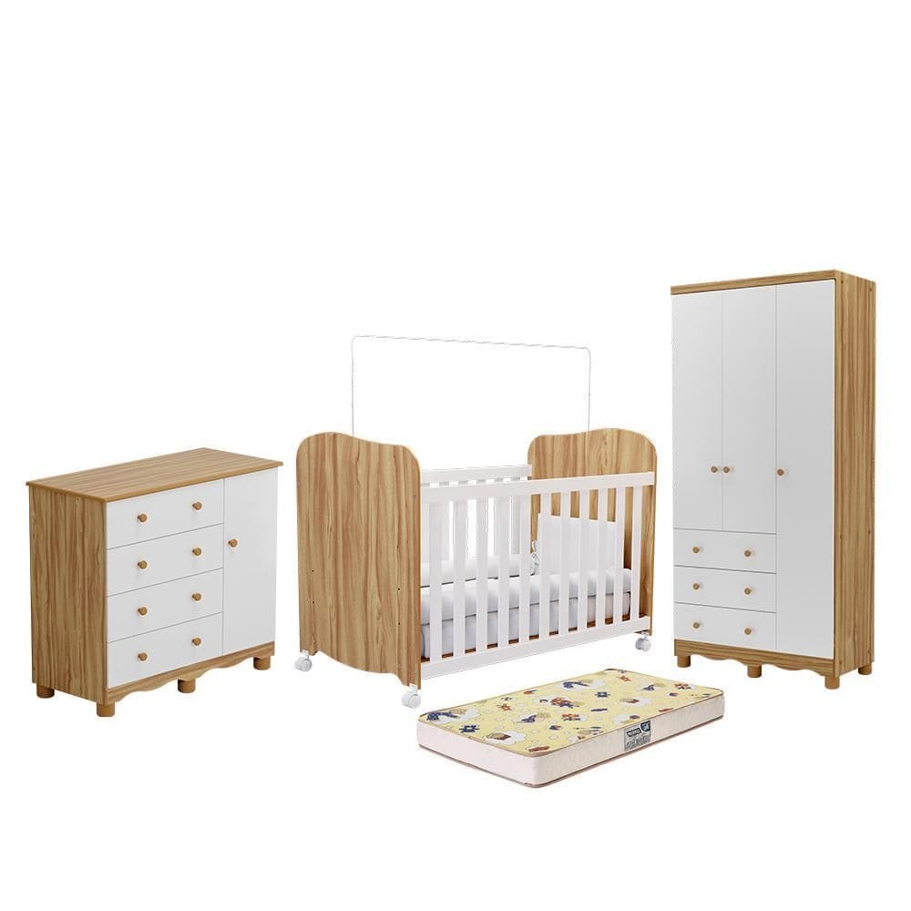 Dormitório Júnior Guarda Roupa 3 Portas, Cômoda 1 Porta e Berço Uli com Colchão Supreme - Móveis Peroba