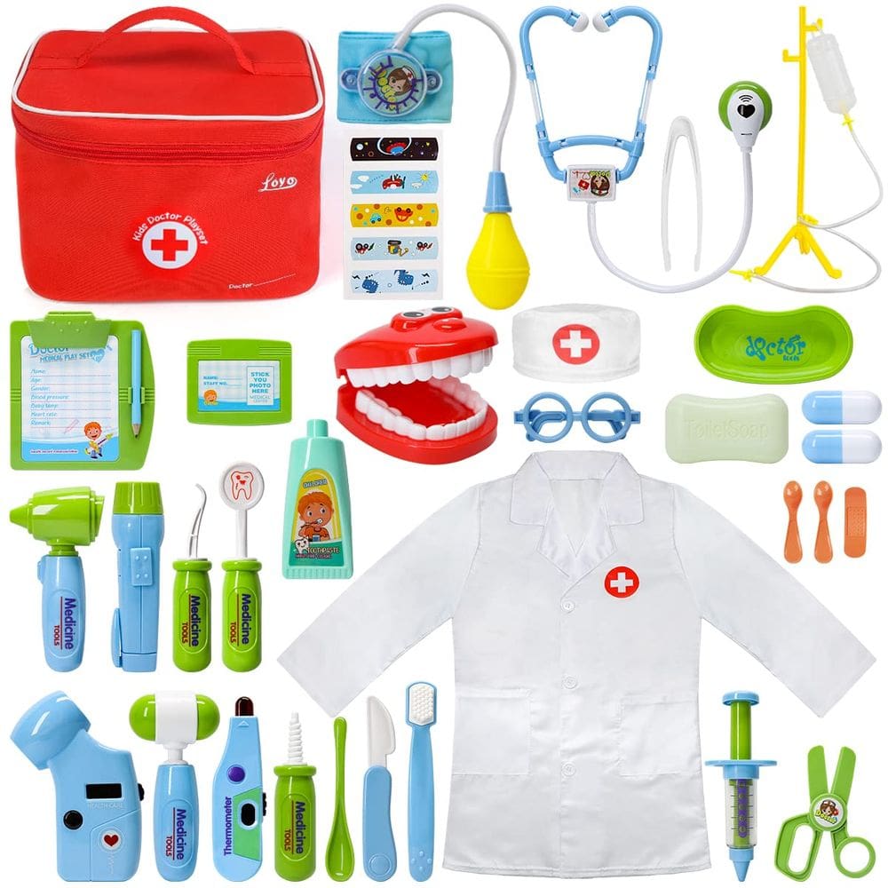 Kit médico de brinquedo LOYO para crianças com 35 peças - azul-verde