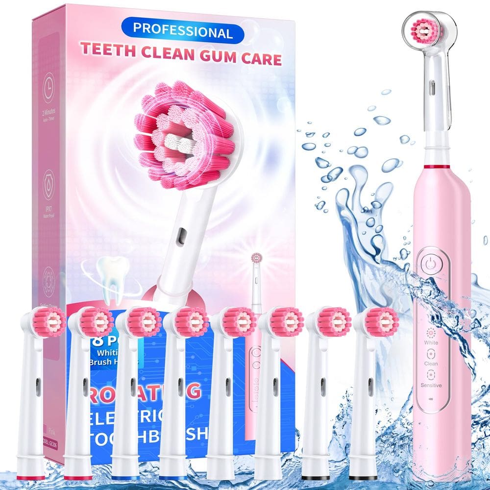 Escova de dentes elétrica TEETHEORY Rotating com 8 cabeças de escova rosa