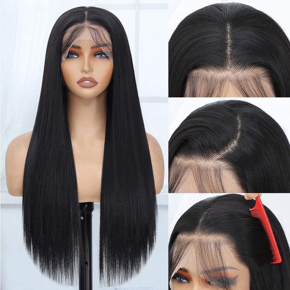 Peruca frontal de renda sintética Veally 13x4 HD Straight 26&quot; preta