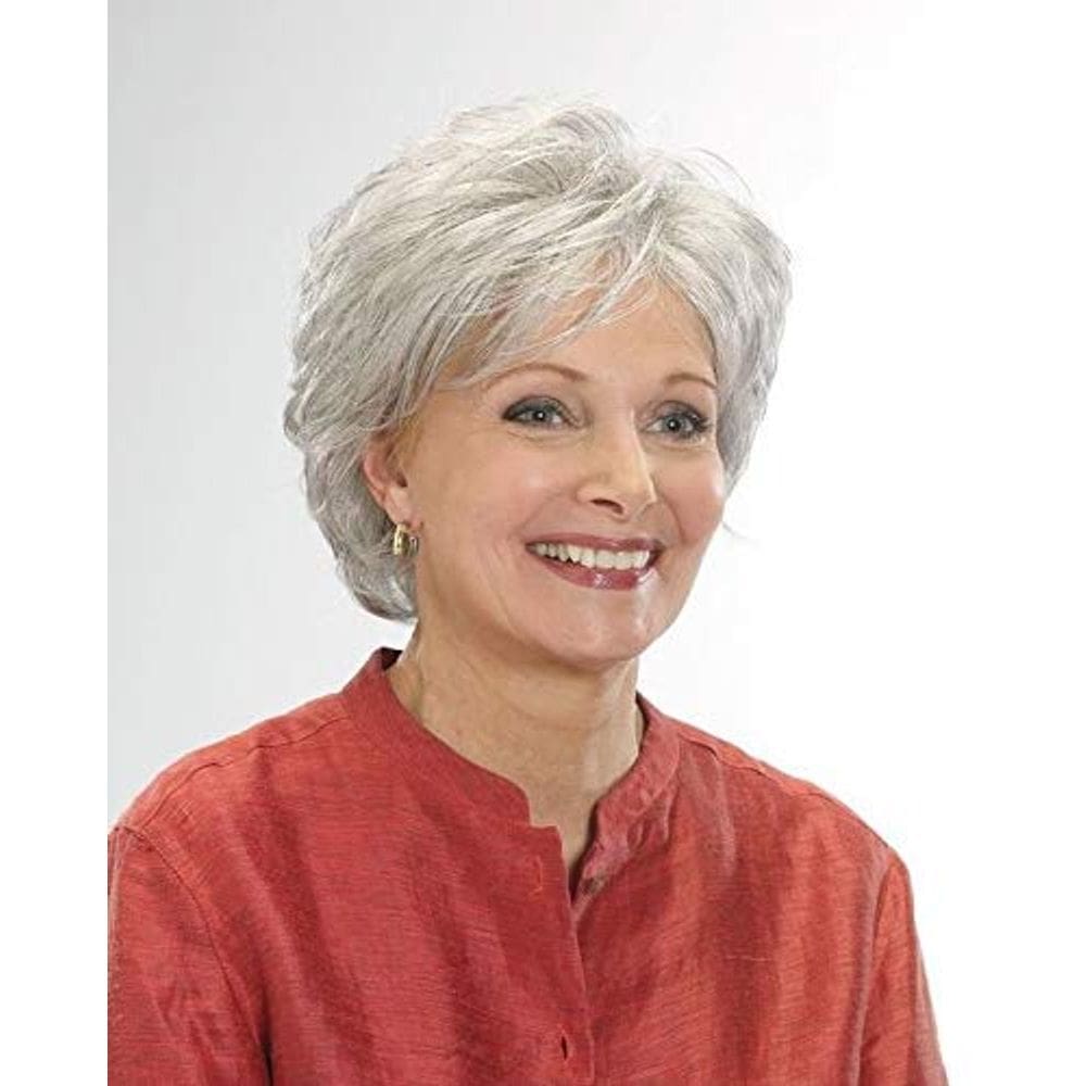 Peruca EMMOR Short Silver Grey Human Hair Blend Pixie Curly