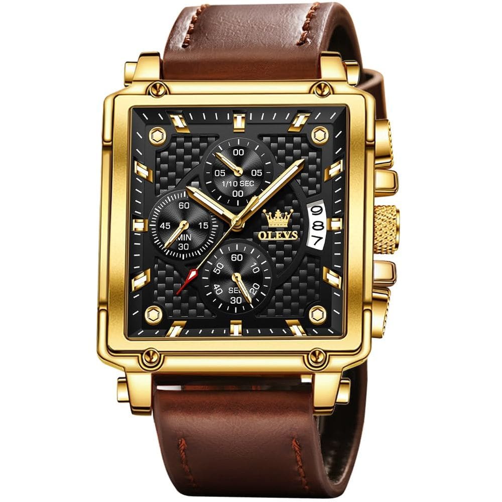 Relógio OLEVS Square Chronograph Quartz em couro para homens