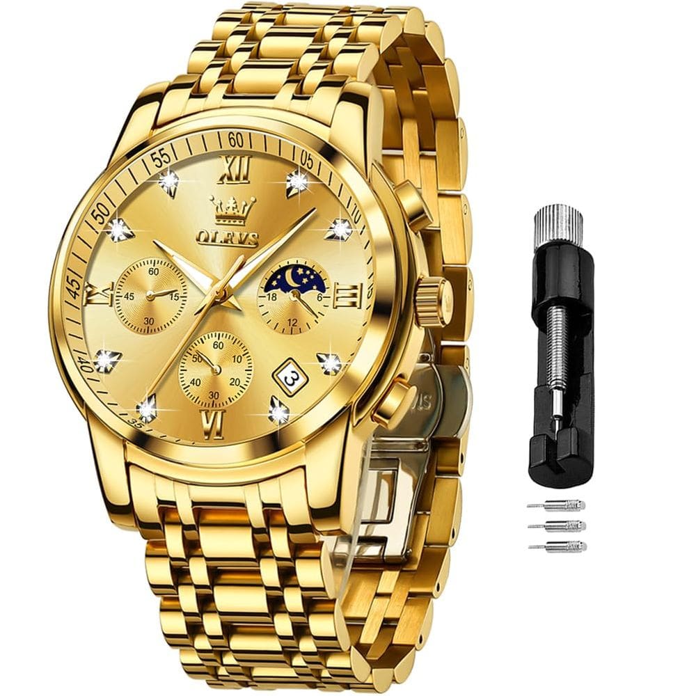 Relógio OLEVS Gold Chronograph Moon Phase Stainless Steel Masculino