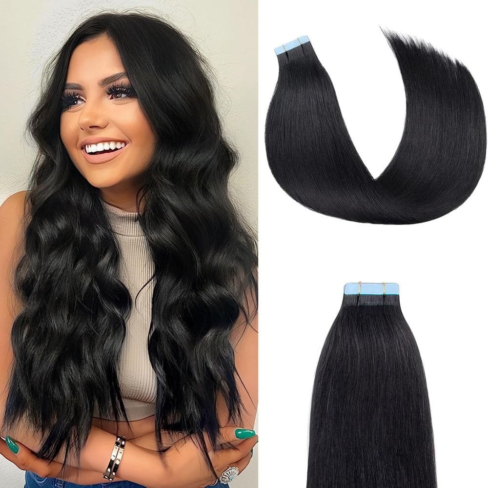 Extensões de cabelo AGMITY Tape 100% Remy Human Hair 22 polegadas, preto azeviche