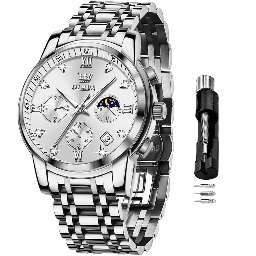 Relógio OLEVS Silver Chronograph Moon Phase para homens