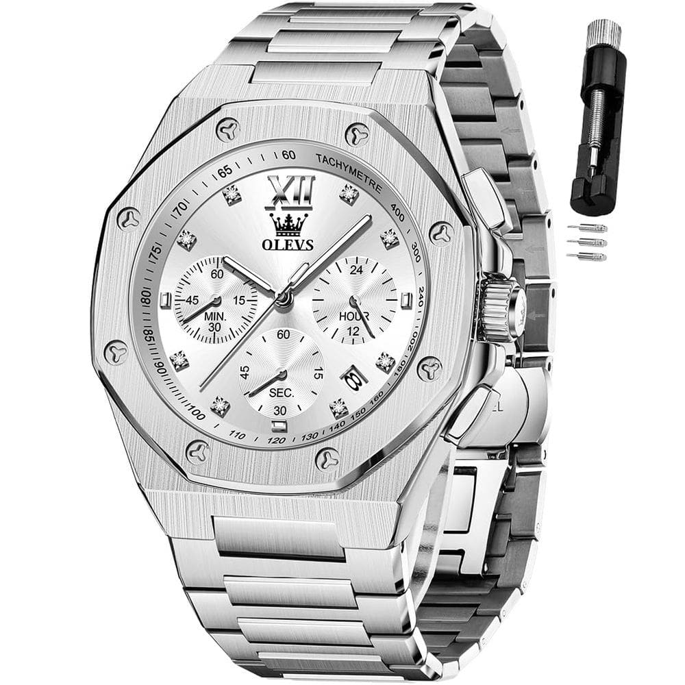 Relógio OLEVS Silver Chronograph Luxury Dress para homens