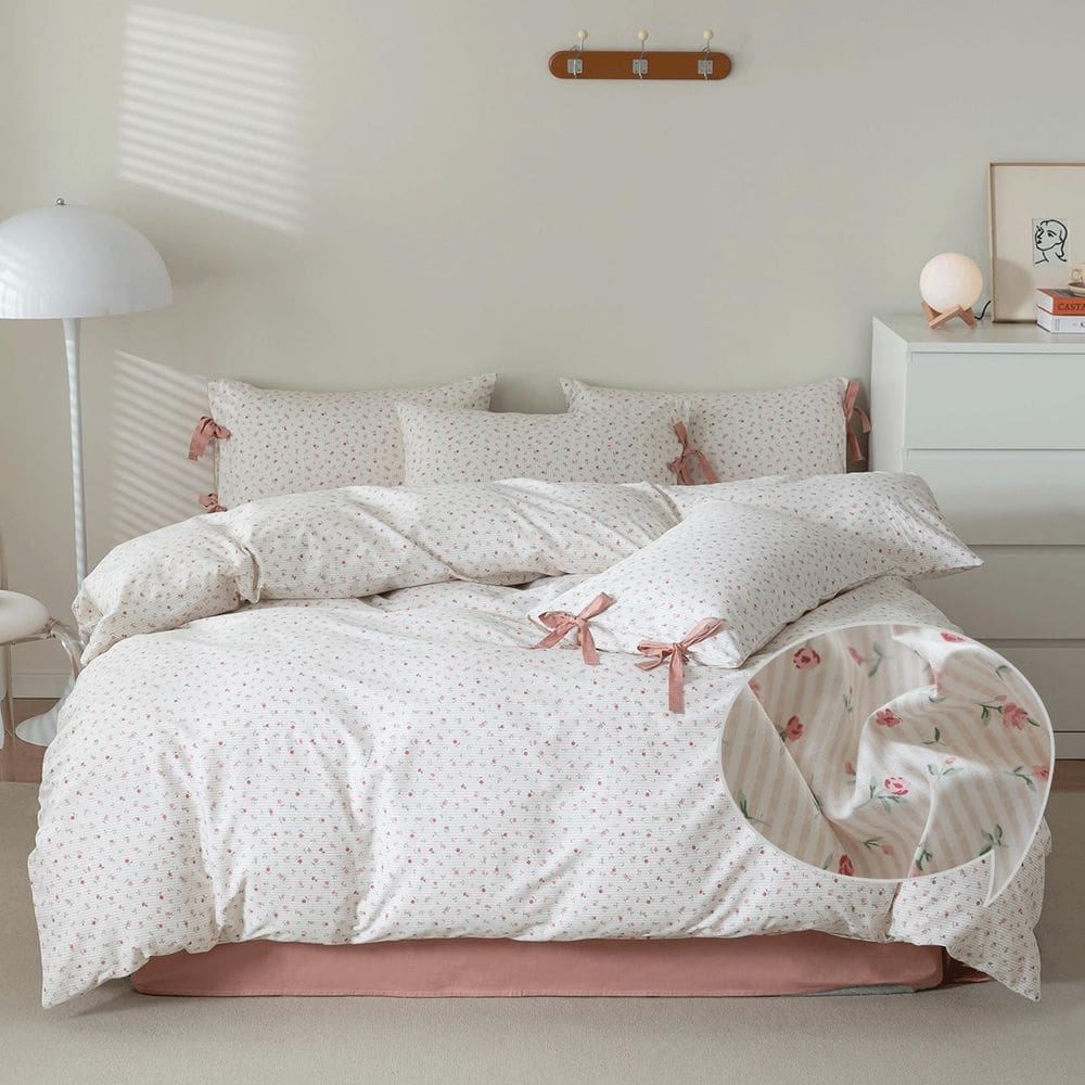 Conjunto de capa de edredon VM VOUGEMARKET Flor rosa em tamanho real