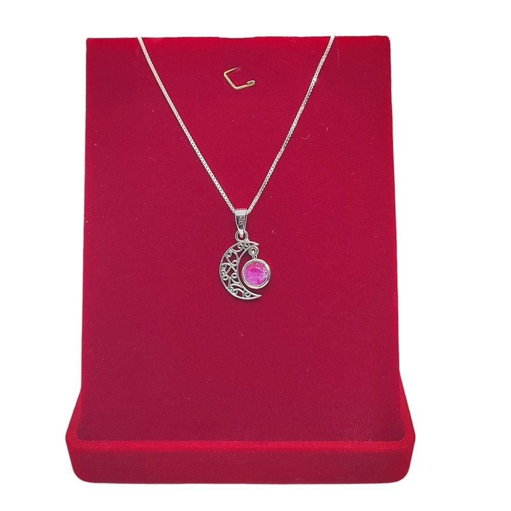 Corrente Veneziana 50cm Pingente Lua Pedra Rosa Prata 925