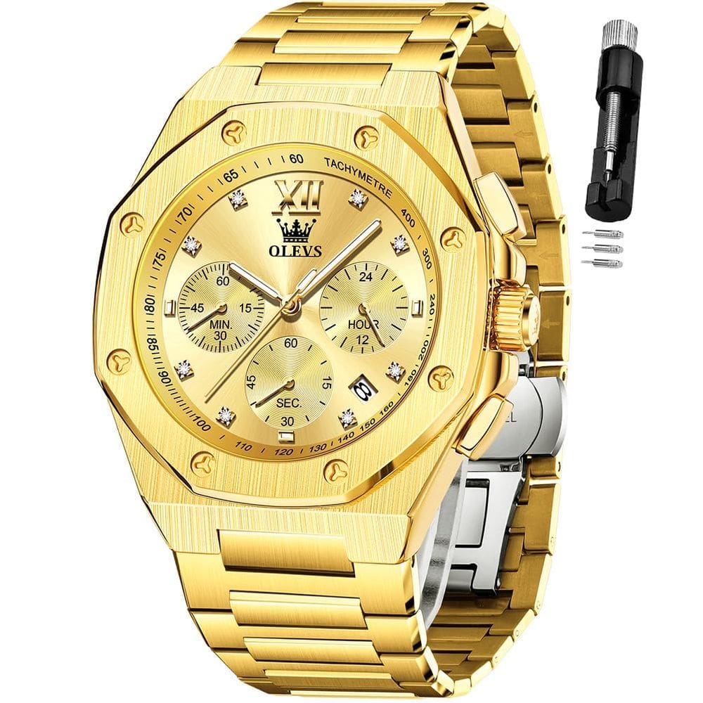 Relógio OLEVS Gold Chronograph em aço inoxidável 42mm para homens
