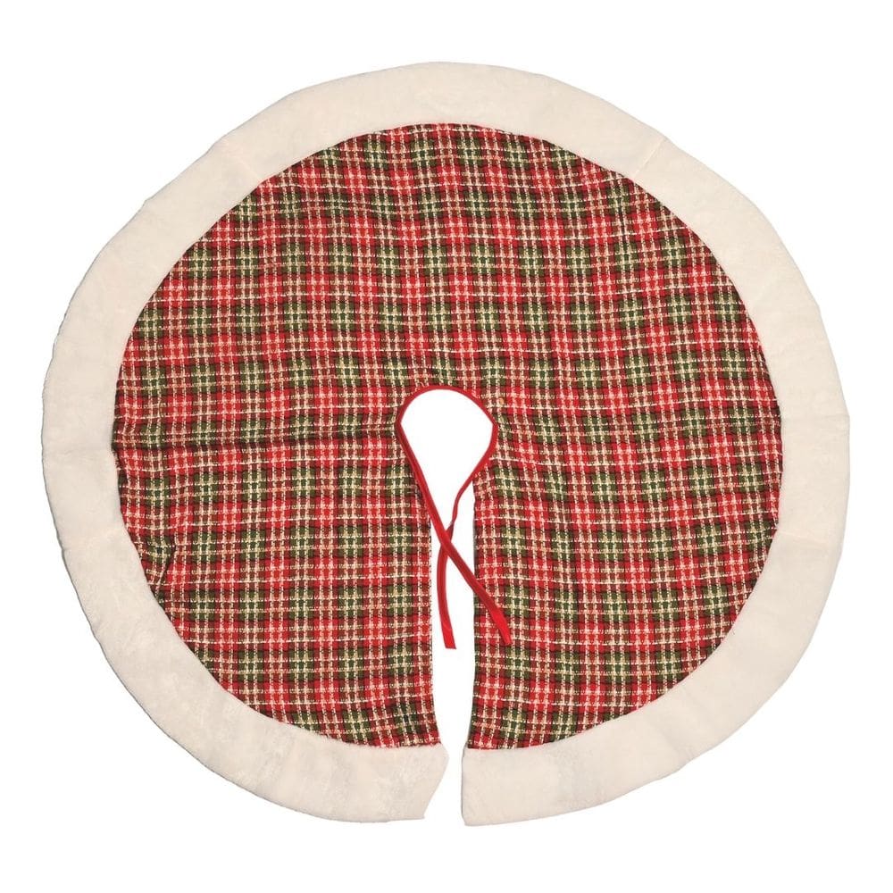 Saia Para Árvore de Natal Tecido Xadrez Luxo Borda Pelúcia Branco 90cm - Magizi