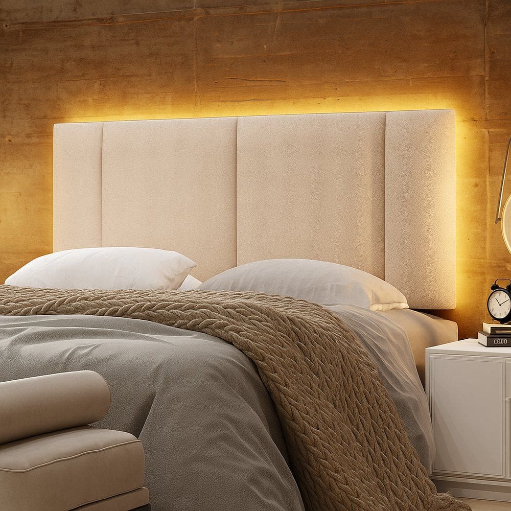 Cabeceira Painel Cama Box Casal Padrão Siri 140cm com LED Bouclé Bege - Desk Design