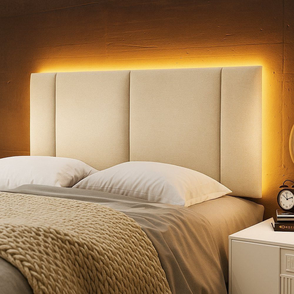 Cabeceira Painel Cama Box Casal Padrão Siri 140cm com LED Linho Bege - Desk Design