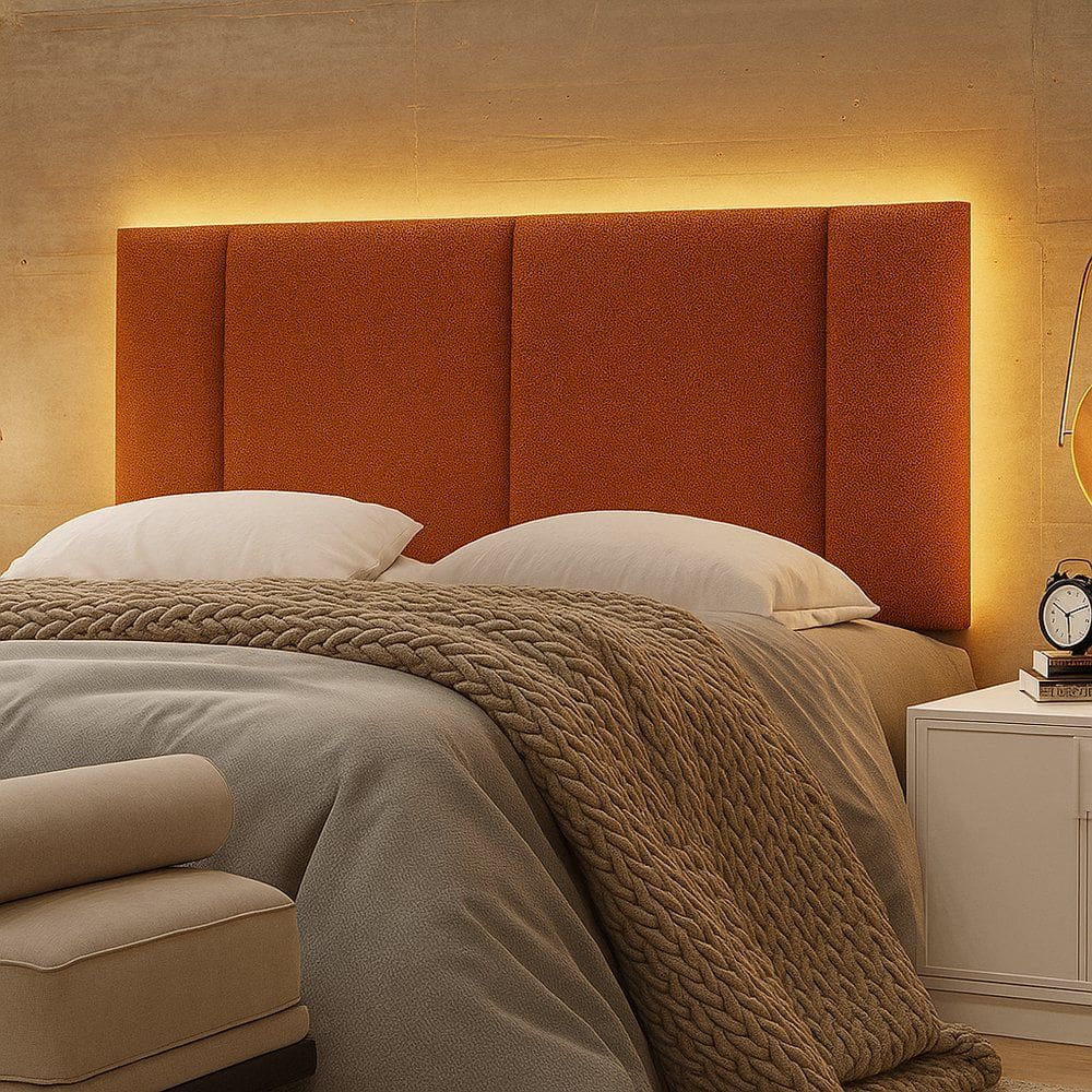 Cabeceira Painel Cama Box Casal Padrão Siri 140cm com LED Bouclé Terracota - Desk Design