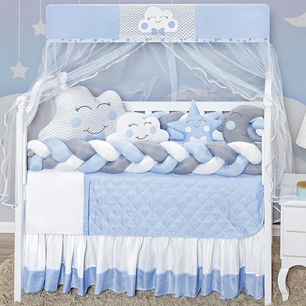 Kit Berço Com Duas Tranças Laterais Cabeceira Nuvem Azul 12P