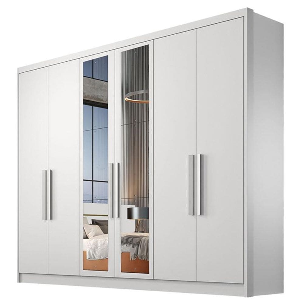 Guarda Roupa Casal Linea 6 Portas 4 Gavetas Neve com Espelho - Novo Horizonte