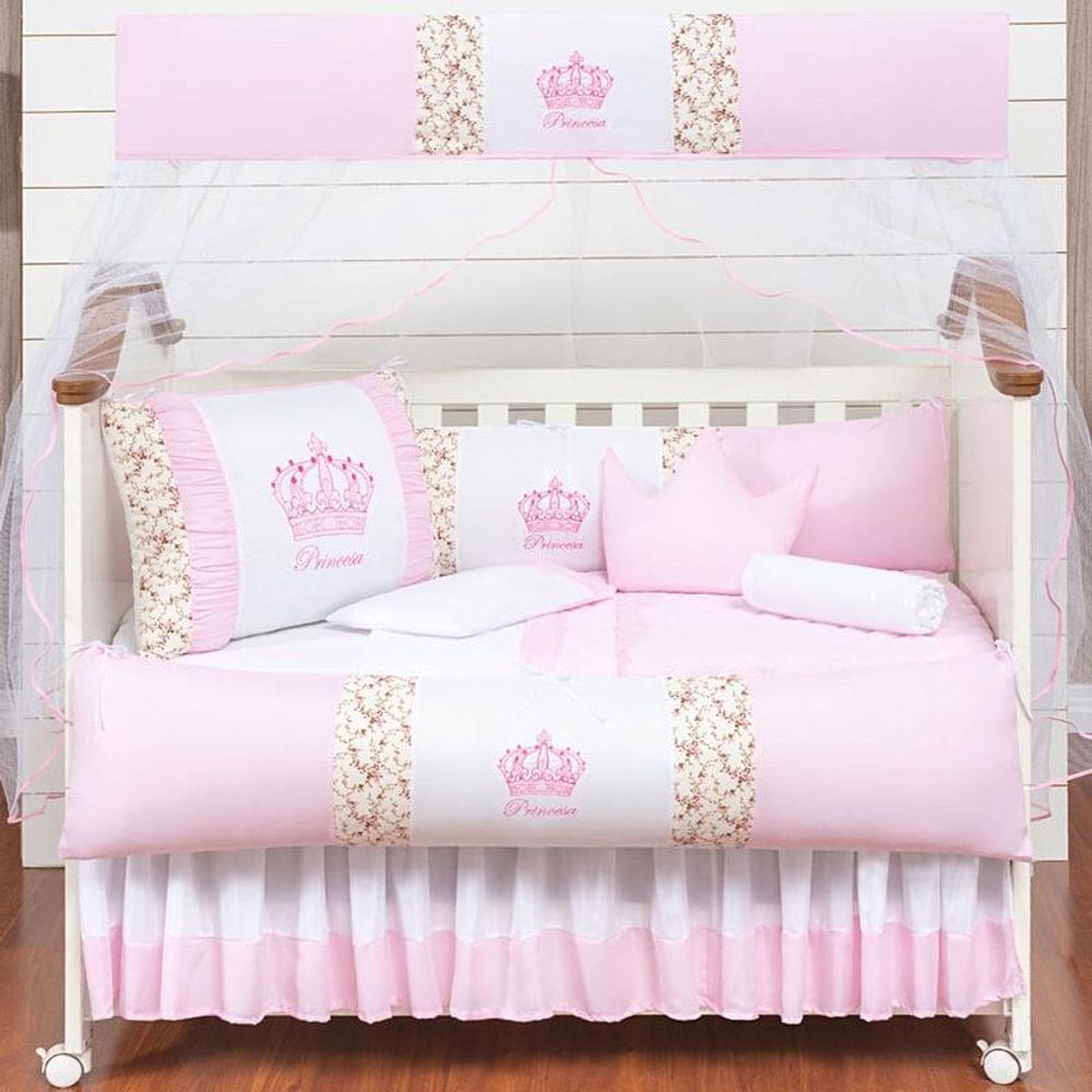 Kit Berço Americano Coroa Rosa Menina 11 peças 100% Algodão