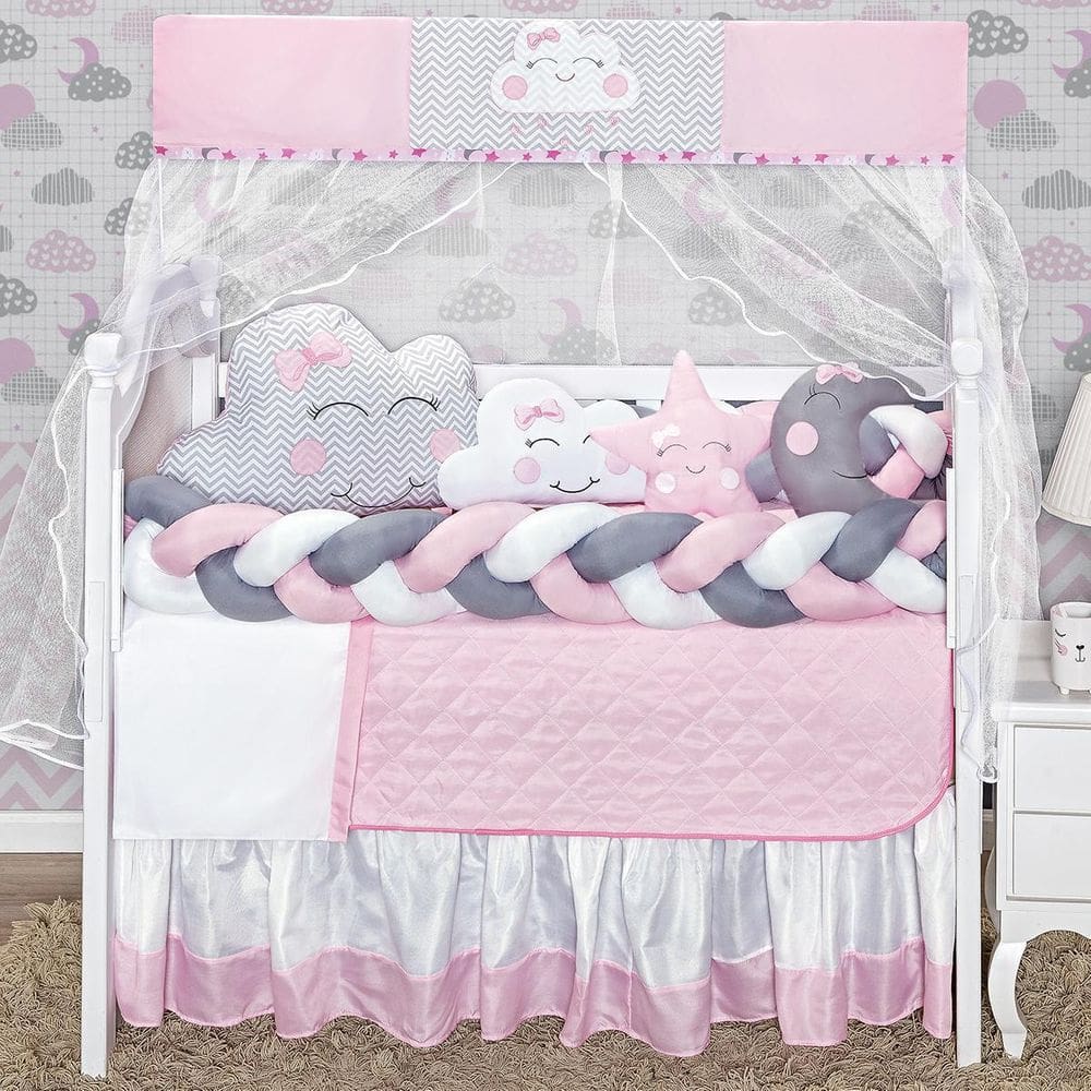 Jogo Enxoval De Berço Duas Tranças Cabeceira Nuvem Rosa 12P
