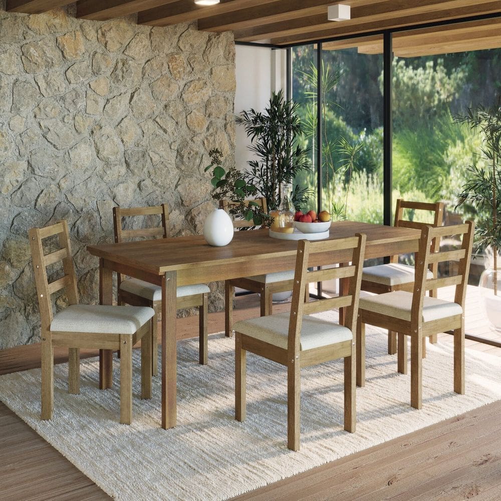 Conjunto para Jardim Madeira Maciça Mesa 160x80cm Cadeiras Assento Estofado Itália Cera Envelhecido / Palha
