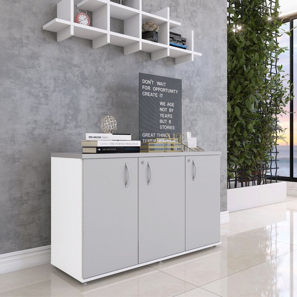 Armário para Escritório 3 Portas Credenza Branco/Cinza