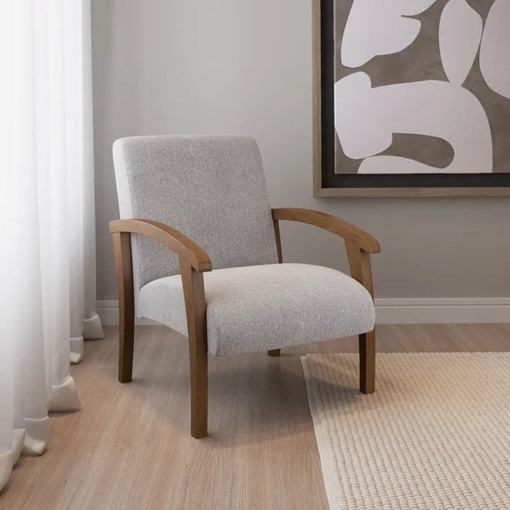 Poltrona para Sala Tecido Linho Braços Madeira Maciça Mia Cinza