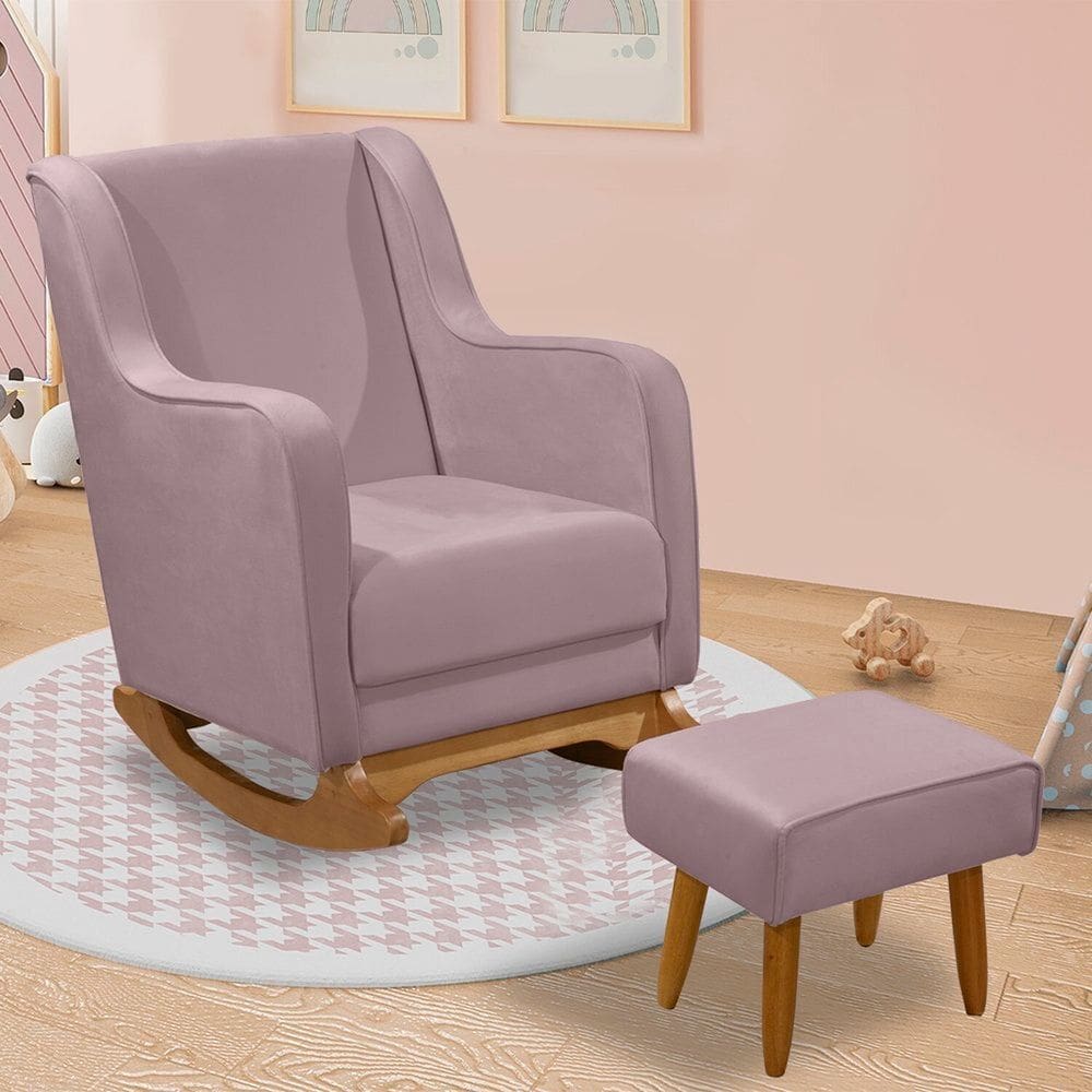 Poltrona de Amamentação com Balanço Veludo com Puff Aquila Rose
